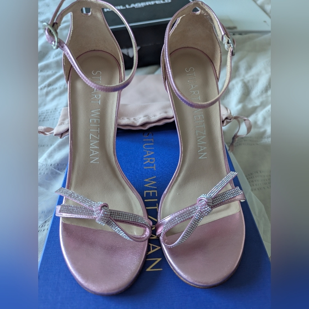 Stuart Weitzman Nudist Cotton Candy  Crystal Bow Sandals - Picture 8 of 9